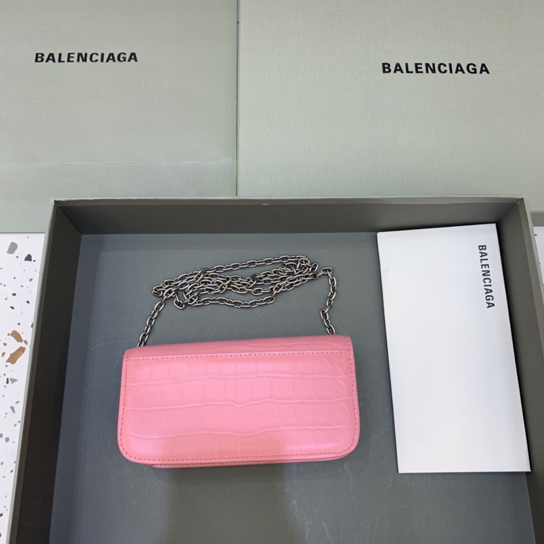 Balenciaga Gossip Wallet on chain Crocodile Embossed Calfskin Shouler Bag Pink